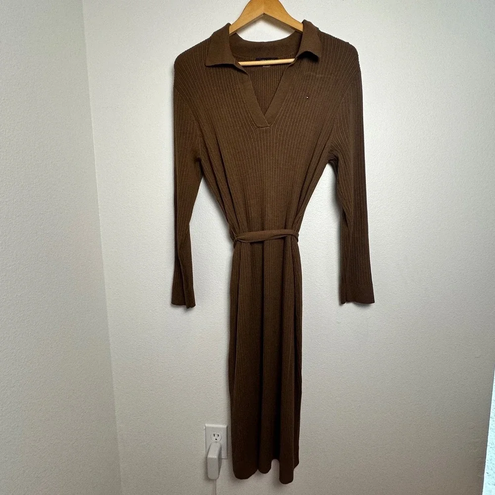 Tommy Hilfiger Brown Rib Knit Polo Midi Dress Long Sleeve Belted‎ Large Preppy